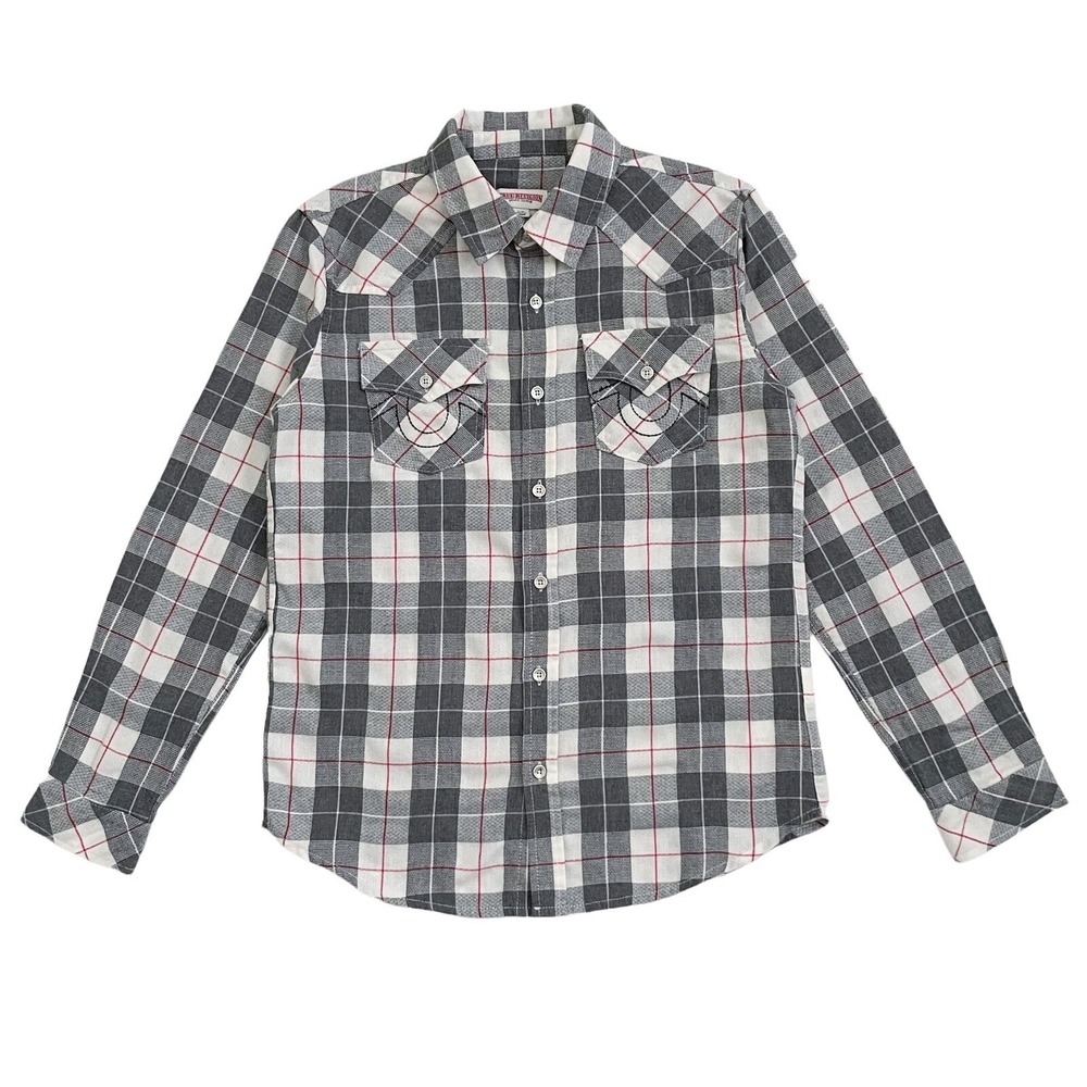 Women's True Religion Flannel Button Up Shirt Size Large - Gray, White, Red